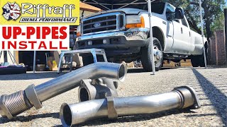 2001 F350 73  RiffRaff UpPipes Install  Stock up pipes leaking and falling apart JUNK SP [upl. by Dilan]