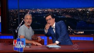 Jon Stewart Takes Over Colberts Late Show Desk [upl. by Madonia]